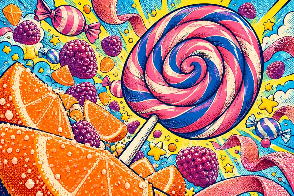 A huge pink and cobalt spiral lolly bursts through a comic constellation of orange jelly slices, raspberry gummies, wrapped sweets and yellow stars.