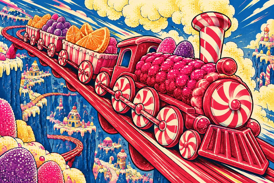 A raspberry gummy train with peppermint wheels races along a diagonal liquorice track over a colourful canyon of candy houses and jelly fruit.