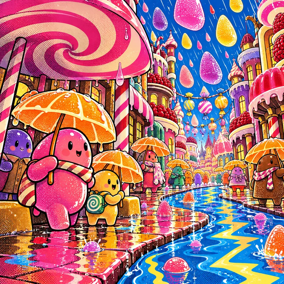 Friendly gummy characters carry orange-slice umbrellas through a comic candy street under large colourful jelly raindrops and a giant pink lolly shelter.