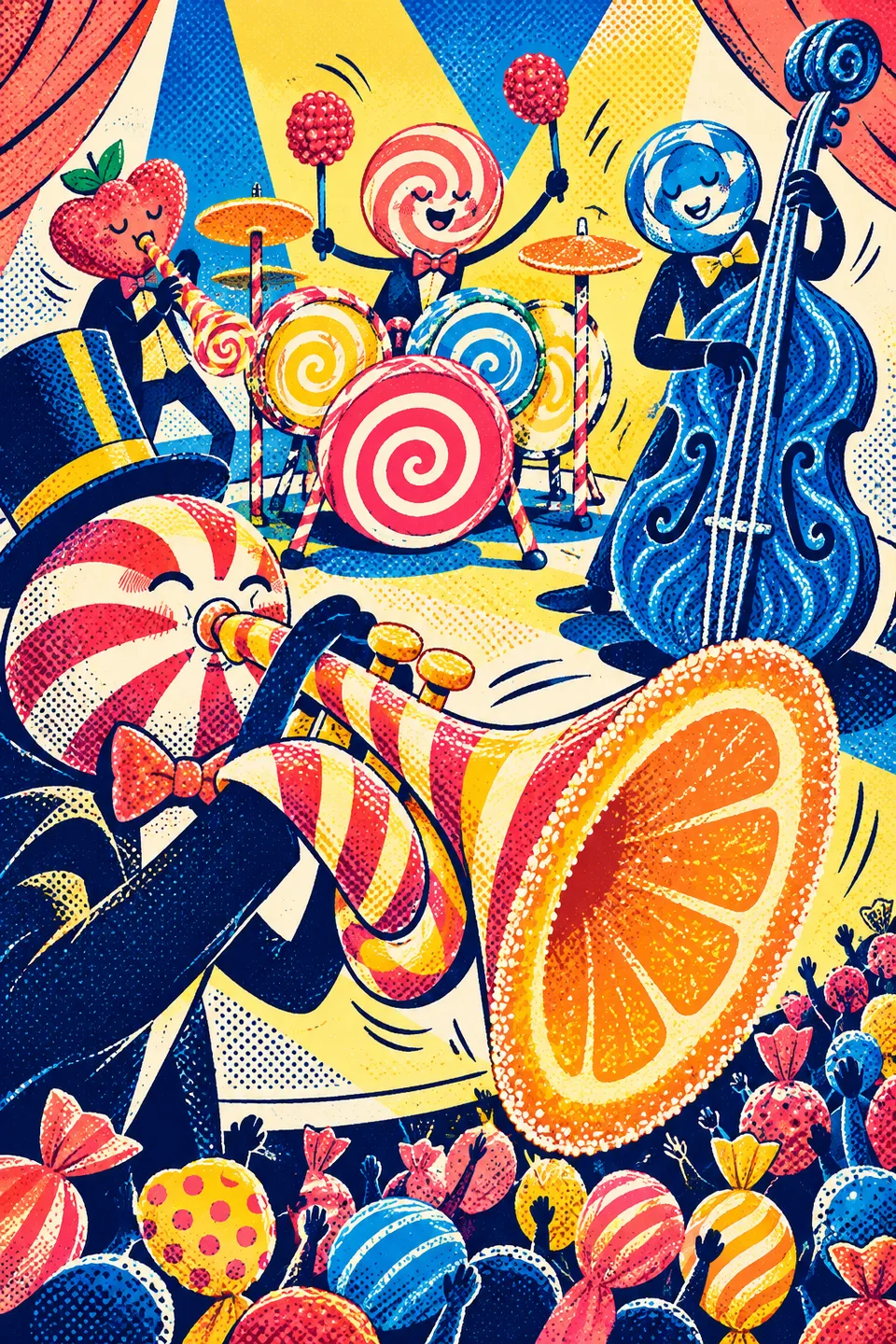 Comic lolly and strawberry musicians play peppermint drums, a blue liquorice bass and a striped trumpet with an orange-jelly bell for an audience of wrapped sweets.