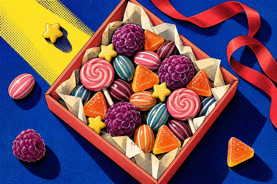 An overhead pop-art coral gift box holds spiral lollies, striped bonbons, raspberry gummies and orange jelly triangles beneath a sharp yellow beam on cobalt dots.