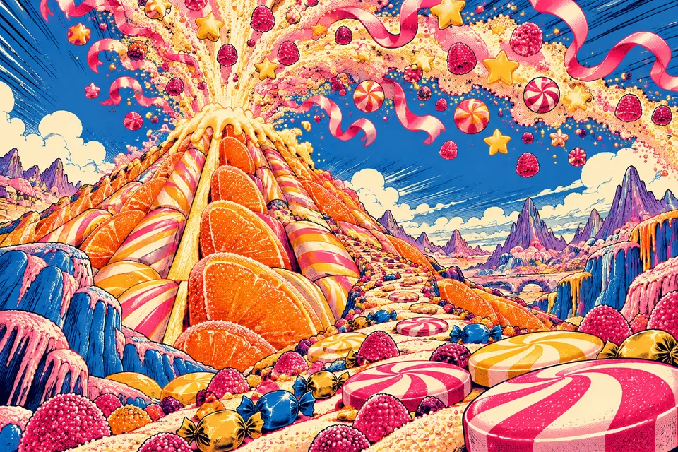 A pop-art volcano built from citrus jelly and striped candy erupts in fizzy stars, ribbons and raspberry gumdrops above a rich confectionery landscape.